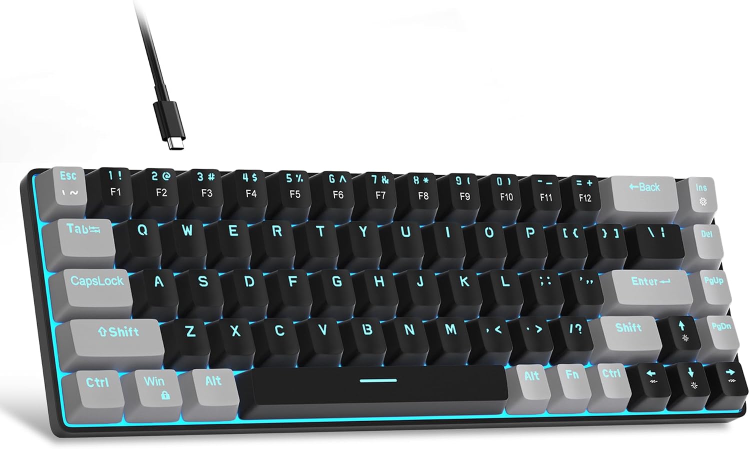 Taşınabilir%60 Mekanik Oyuncu Klavyesi, MK-Box LED Aydınlatmalı Kompakt 68 Tuşlu Mini Kablolu Ofis Klavyesi (Kırmızı Switch) – Windows, Laptop, PC, Mac Uyumlu – Siyah/Gri