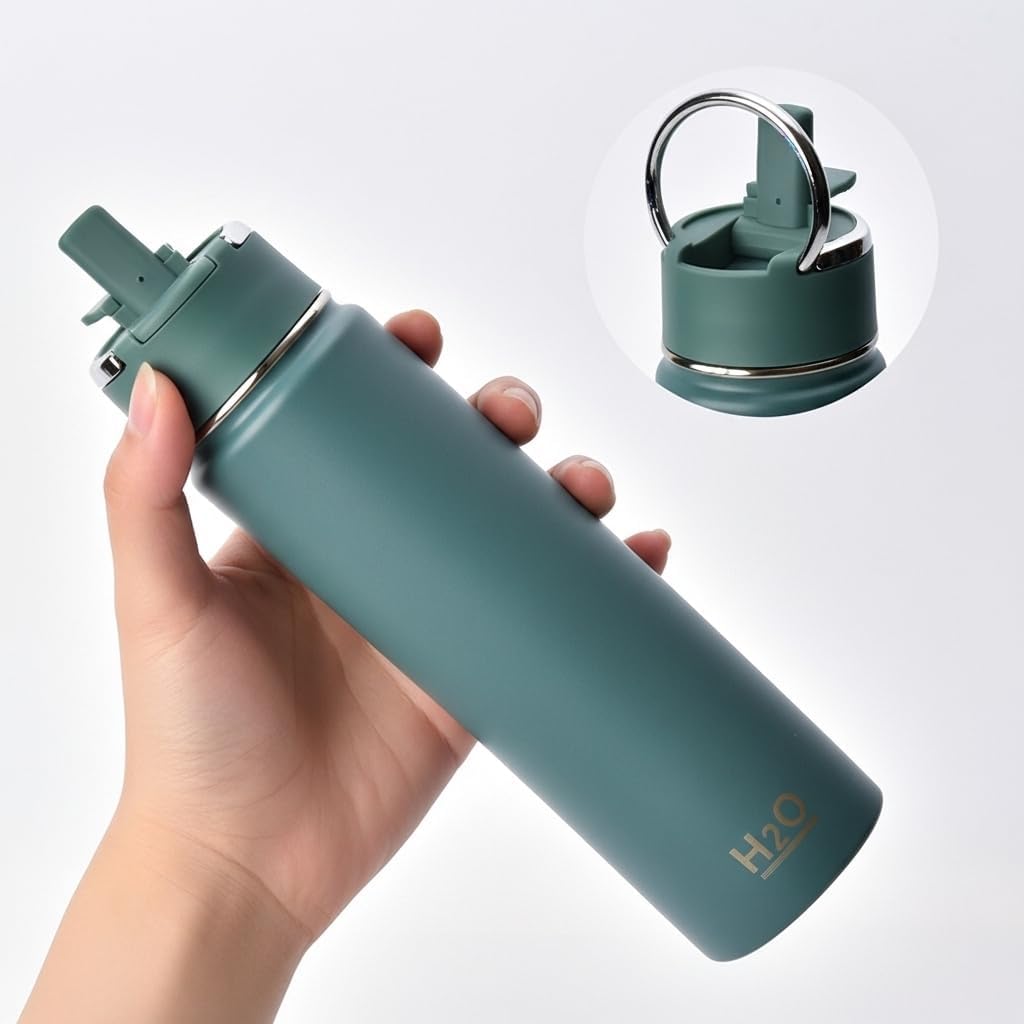 650 ml Paslanmaz Çelik Termos Matara - 4 Renk (Krem, Yeşil, Siyah, Mavi) - Sıcak ve Soğuk Tutan Sporcu Suluk ve Ofis Şişesi (YEŞİL)