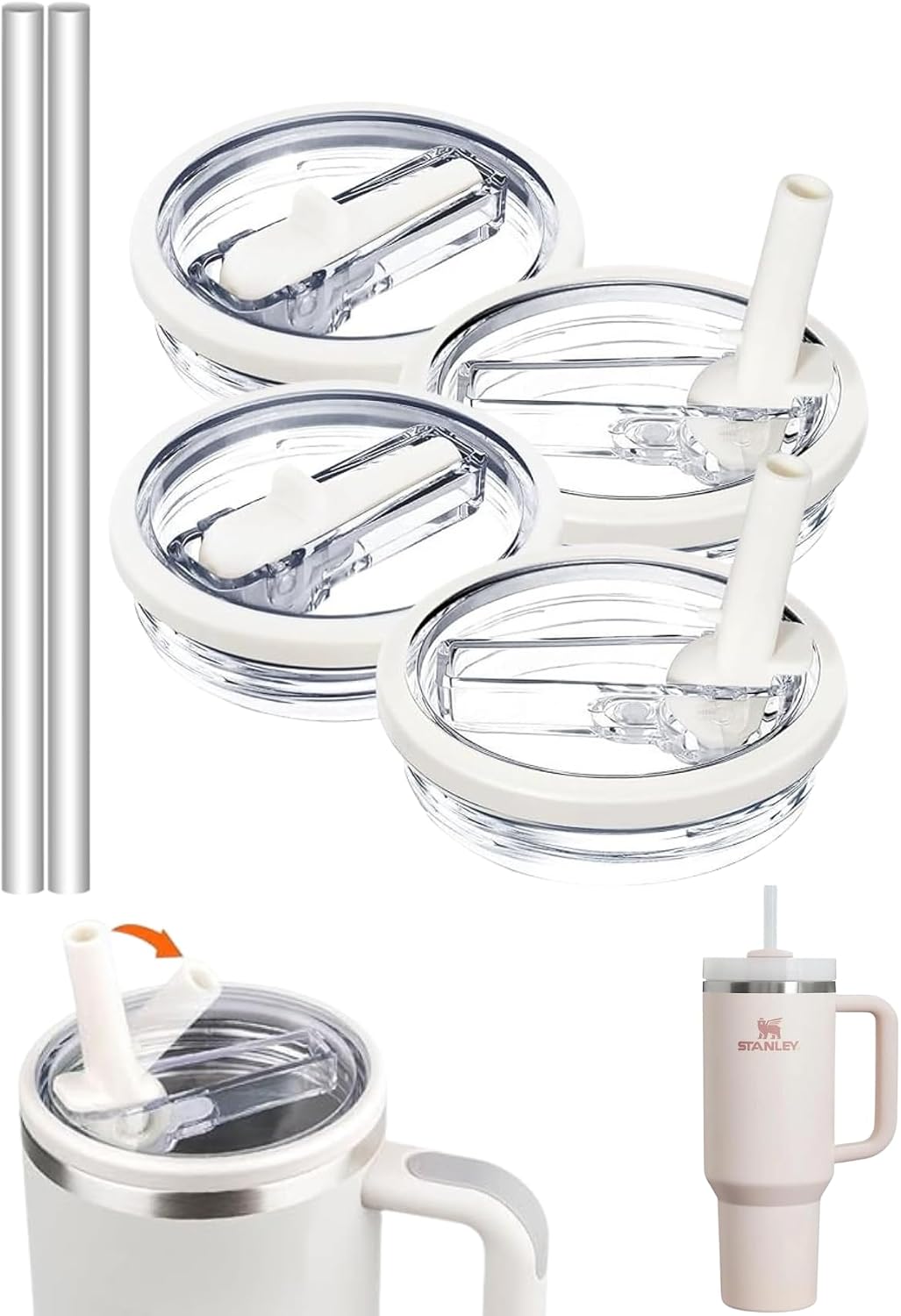 2 Adet Flip Pipetli Kapak – Stanley Quencher ile Uyumlu 40 Oz – Sızdırmaz Kapak + 2 Pipet – Krem Renk