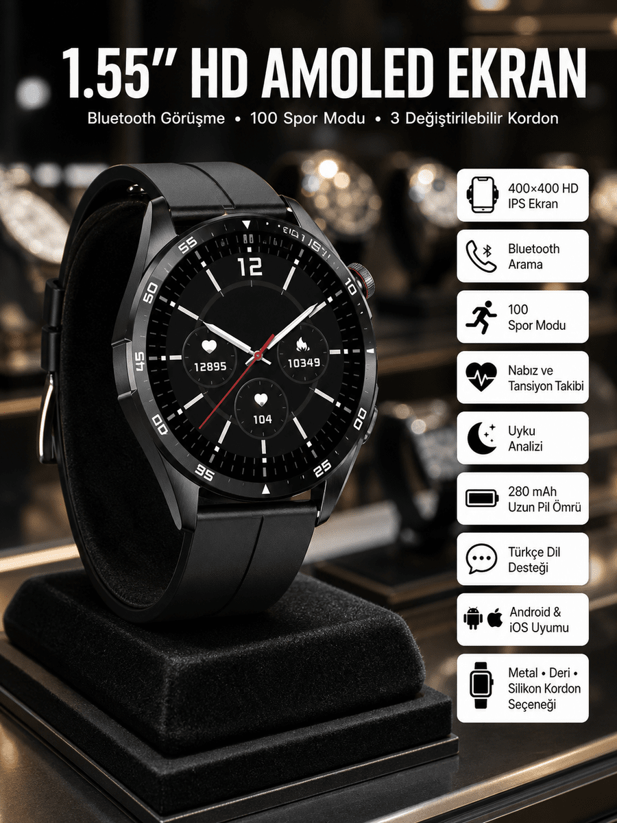 Amoled Ekran 3 Kordonlu Akıllı Saat 5.0 Bluetooth Bağlantılı Android ve İOS Uyumlu
