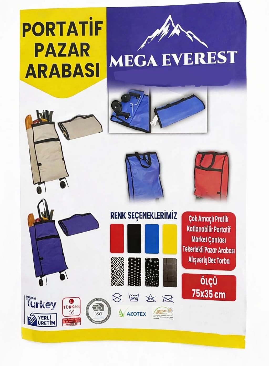AKSU PAZAR ARABASI (PORTATİF KATLANABİLİR) (TEKERLEKLİ) (MARKET ÇANTASI & ALIŞVERİŞ BEZ TORBA) (75X35CM)*50 (KARMA RENK VE DESEN)