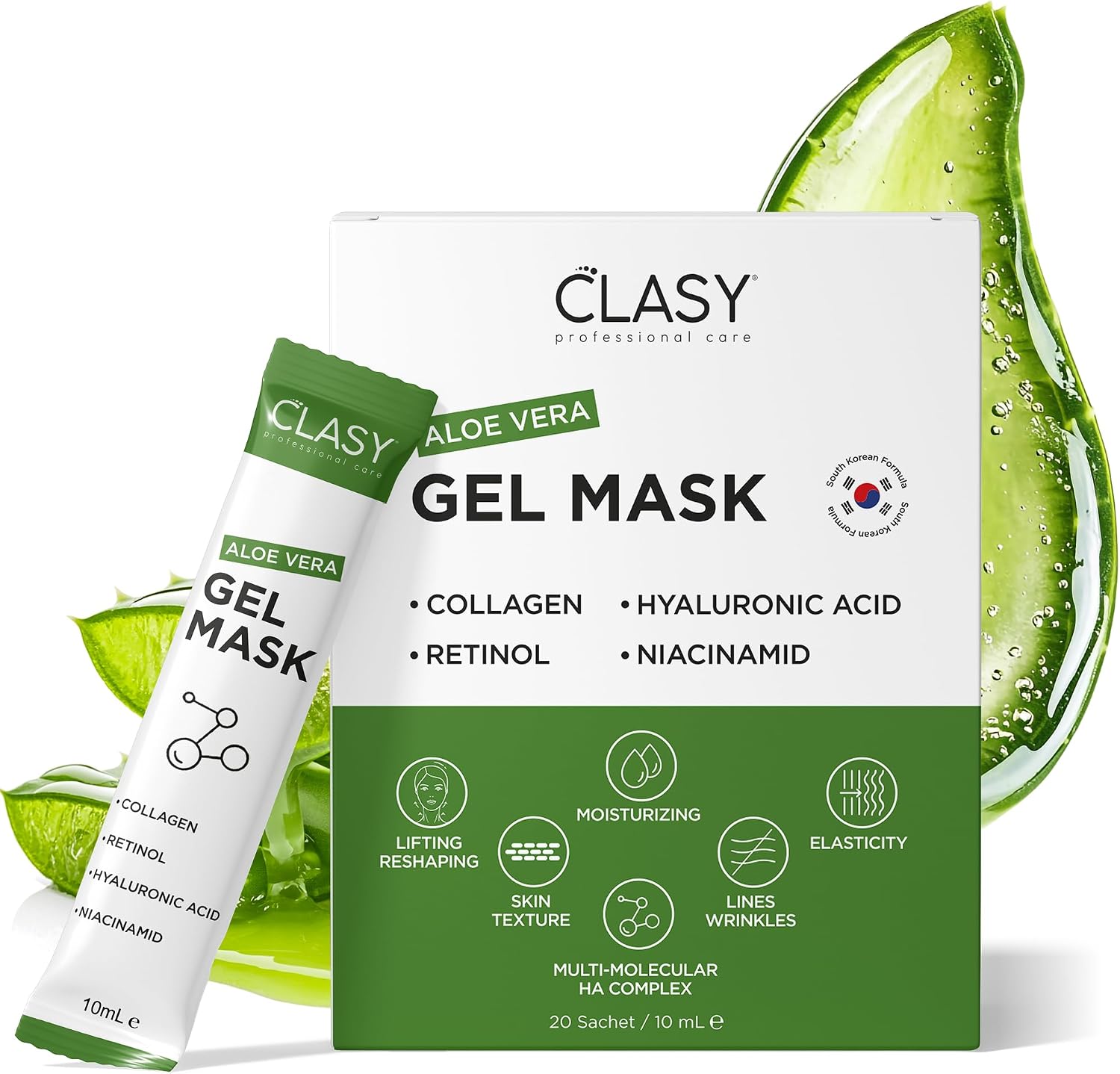Clasy Care Aloe Vera Jel Maske - Kolajen ve Retinol ile Nemlendirici Yüz Maskesi - Güneş Yanığına Karşı Ferahlatıcı Bakım - Seyahat Boyu