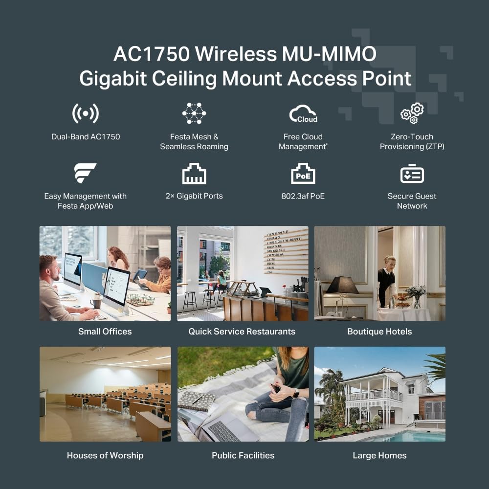 Festa F52, AC1350Mbps, 1 Gigabit Port, Festa Mesh, Kesintisiz Dolaşım, MU-MIMO, Ücretsiz Bulut Yönetimi, PoE ve Pasif PoE Destekli, Dual-Band Wi-Fi 5 Tavan Tipi Access Point
