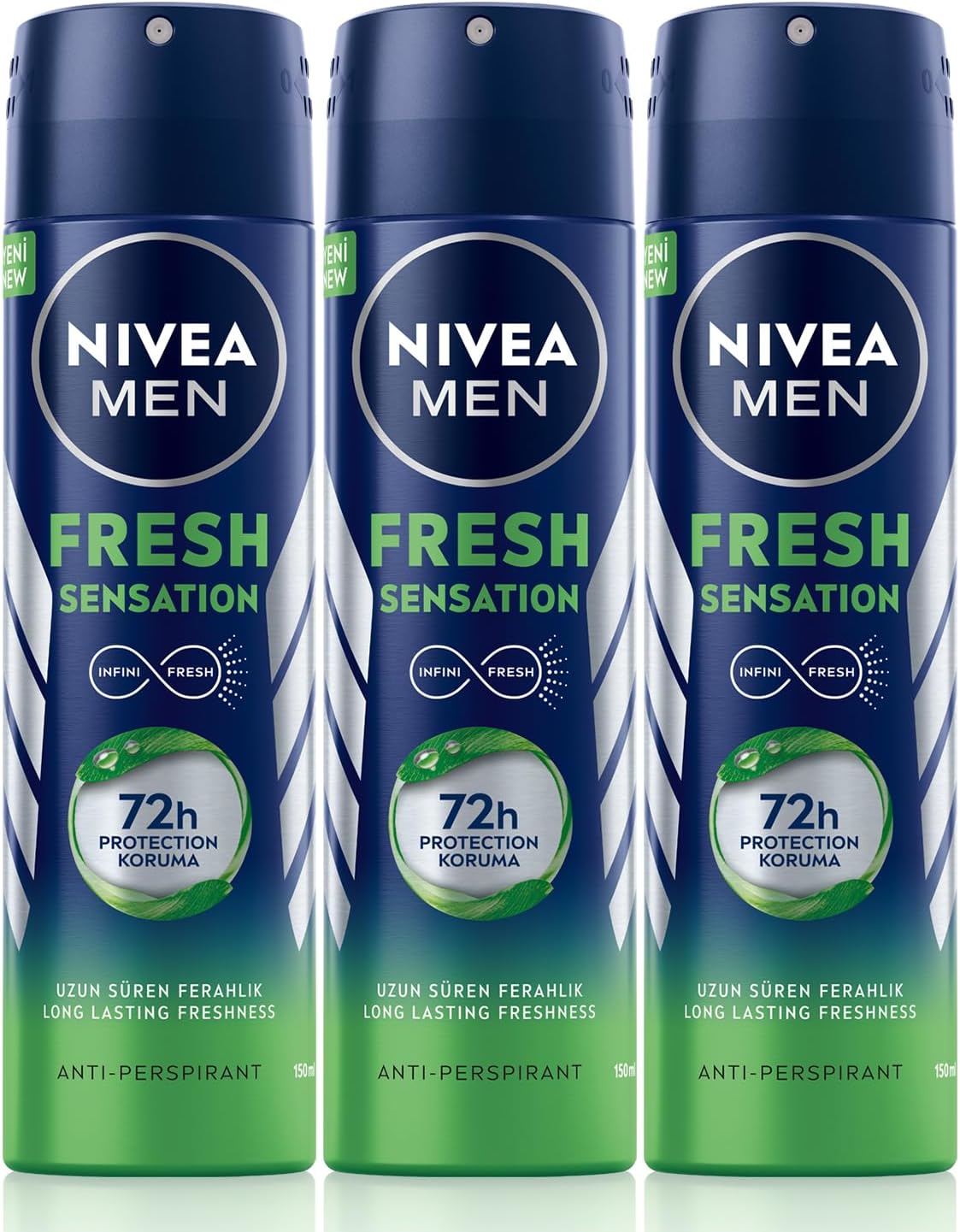 MEN Erkek Sprey Deodorant Fresh Sensation 150 Ml X3Adet,Ter ve Ter Kokusuna Karşı72 Saat Anti-perspirant Koruma, Uzun Süren Ferahlık