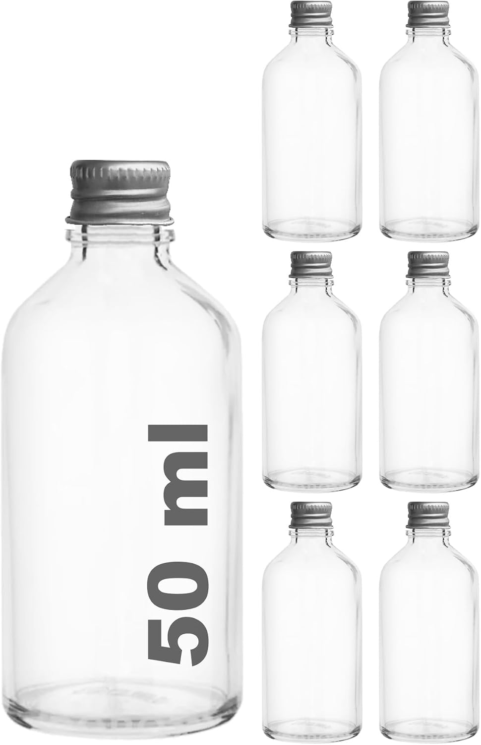 50 cc Gümüş Metal Kapaklı Hediyelik Shot Şişesi 50 ml Kolonya Koku Süs Küçük Şeffaf Cam Şişe 6 Adet