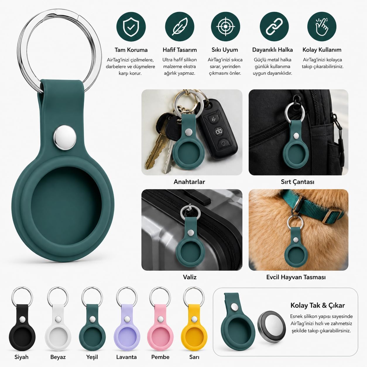 AirTag ile Uyumlu Silikon Anahtarlık Kılıfı A020 Darbe Emici Koruma Metal Halkalı Tracker Holder Çizilmeye Dayanıklı Çanta Bavul Anahtar Evcil Hayvan Takibi Koruyucu Kılıf Haki 1 adet