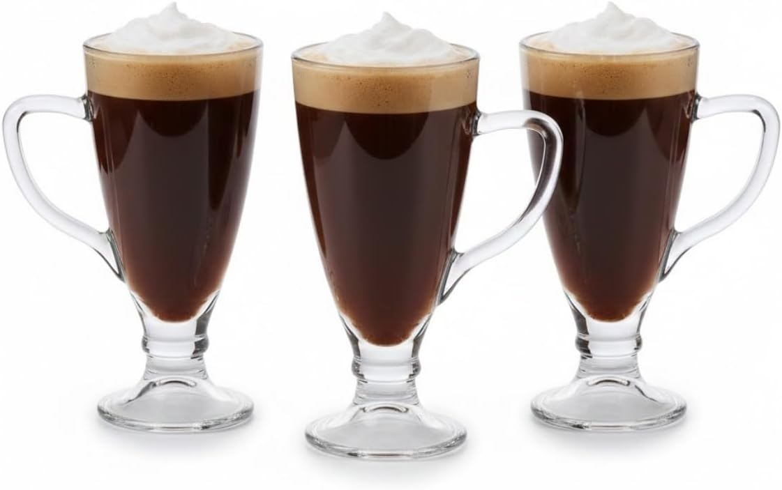 3’lü Cam Kupa Seti 250 ml – Ayaklı Şeffaf Kahve ve Tatlı Bardağı – Latte, Cappuccino, Sıcak Çikolata için