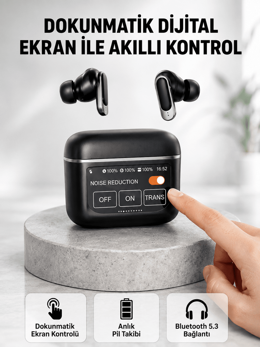 Bluetooth 5.3 ANC Kablosuz Kulaklık – Dokunmatik Kontrol, Dijital Ekran ve Uzun Pil Ömrü