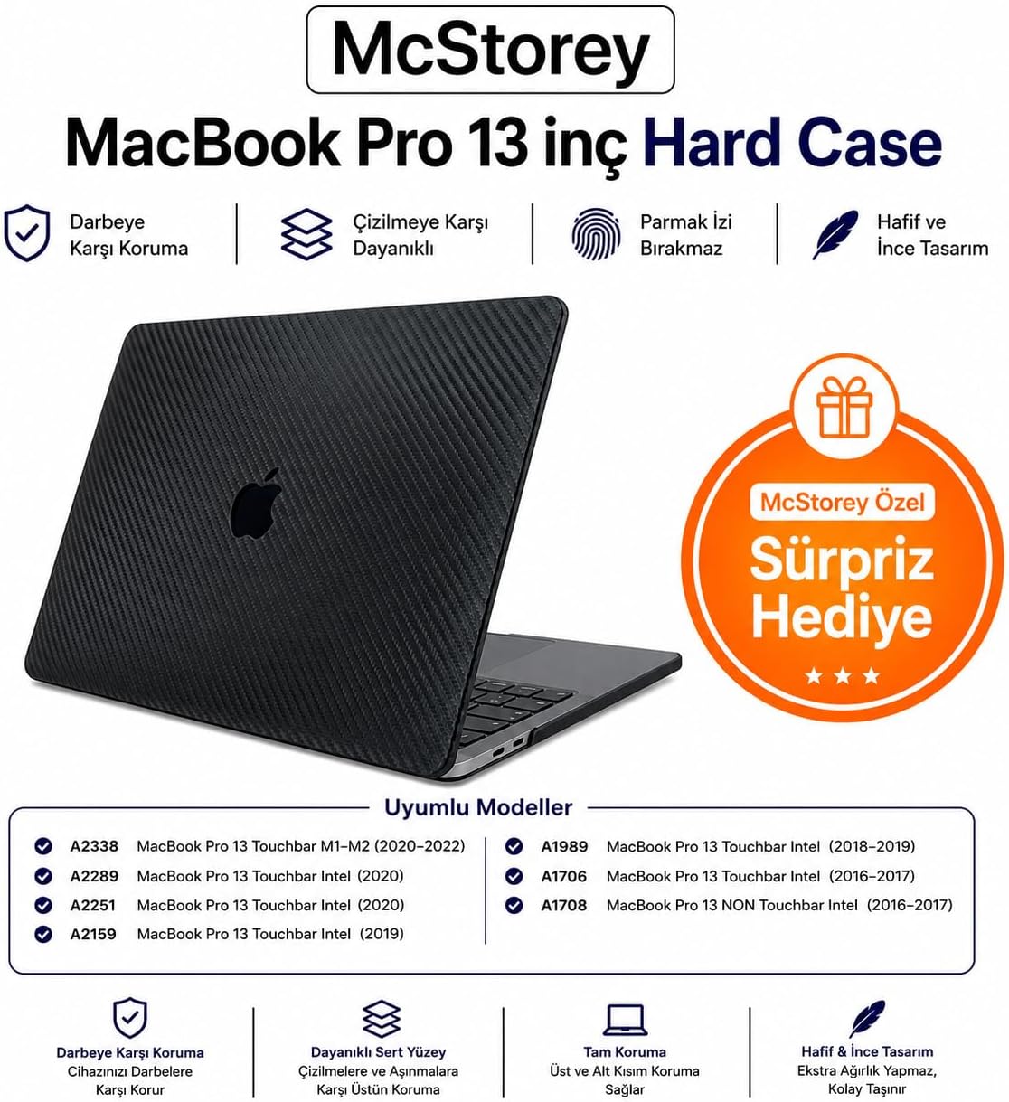 MacBook Pro 13 Karbon Fiber Desenli Kılıf A1706 A1708 A1989 A2159 A2251 A2289 A2338 M1 M2 Uyumlu İnce Hafif Sert Kılıf Koruyucu Kapak Siyah