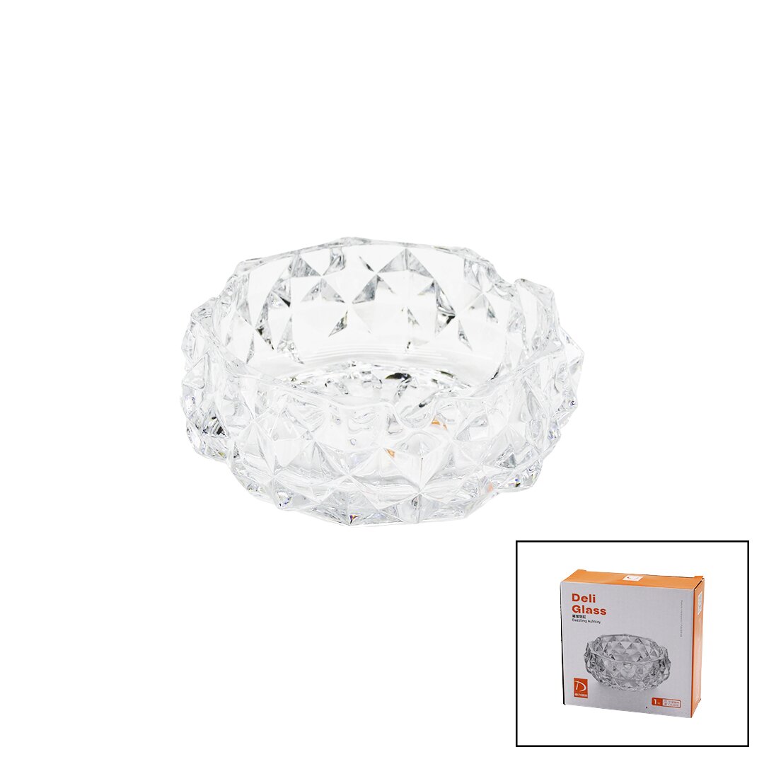 Büyük Cam - Dıamond Kristal Şekil Yuvarlak Küllük Çap: 12.8CM - D: 5.2CM