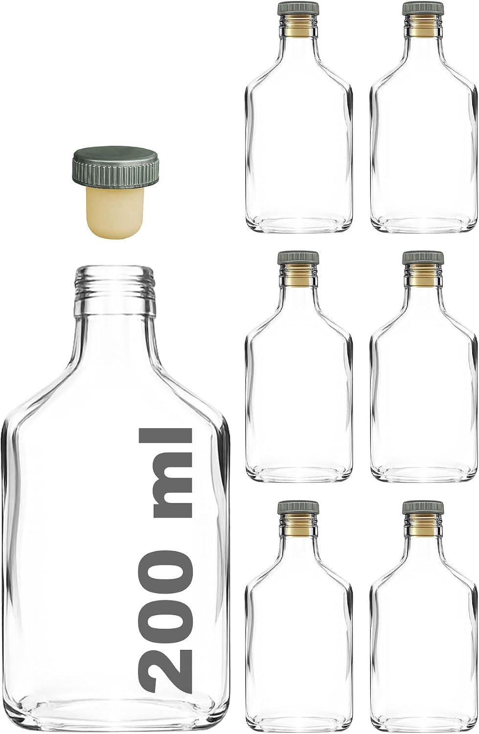200 ml Yassı Şeffaf Cold Brew Şişesi Kapaklı 200 cc Soğuk Kahve Cam Şişe 6 Adet (6, Sentetik (Tıpa) Gri)
