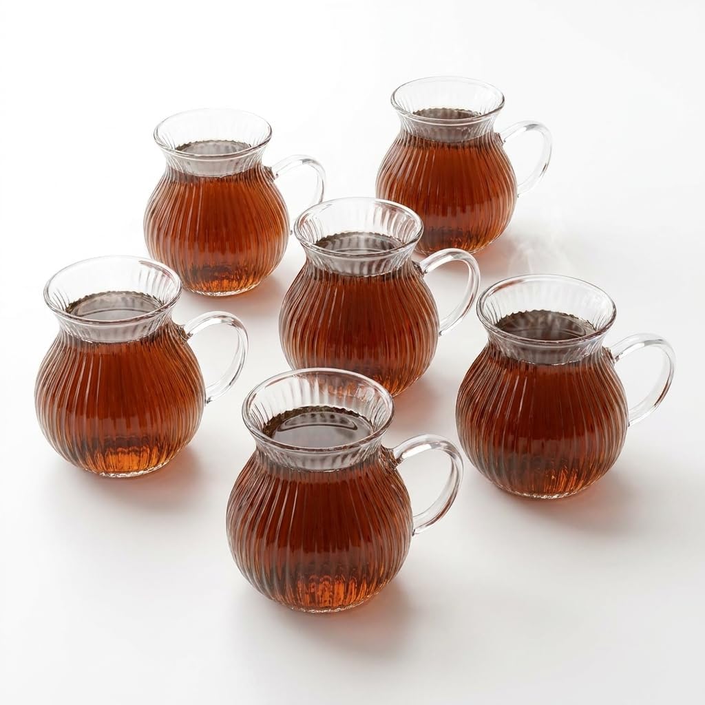 6'lı Kulplu Borosilikat Fitil Desenli Cam Çay Bardağı Seti - Geniş Ağızlı Tombul Tasarım, Isıya Dayanıklı Çay Takımı 180ML