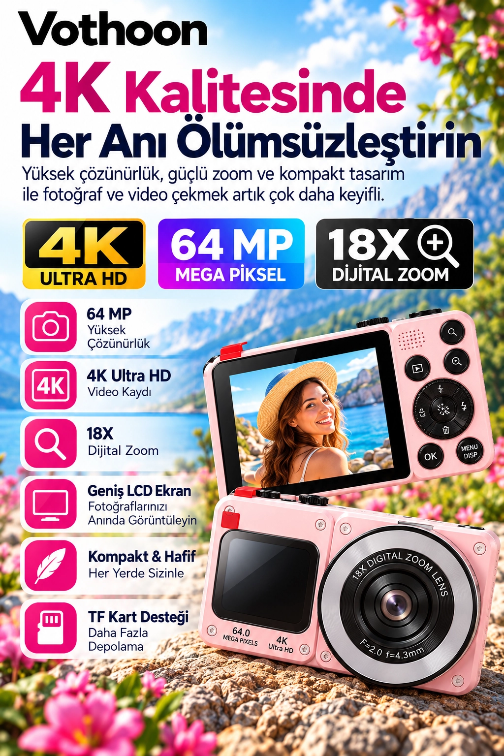 4K Dijital Fotoğraf Makinesi 18X Dijital Zoom 64 MP Ön ve Arka Ekranlı Kompakt Kamera Pembe