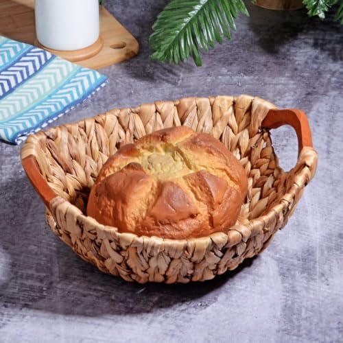 Wicker Serisi Bezli Yuvarlak Ahşap Kulplu Hasır Ekmek Sepeti