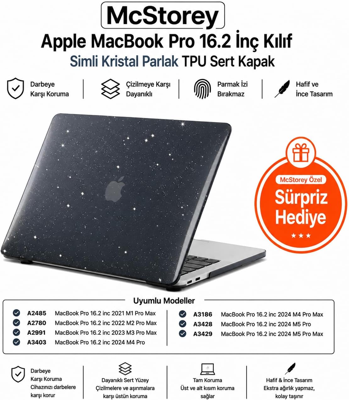 MacBook Pro 16.2 İnç Kılıf A2485 A2780 A2991 A3403 A3186 A3428 A3429 Uyumlu Simli Kristal Parlak Siyah Hard Case Şeffaf Sert Kapak İnce Koruyucu
