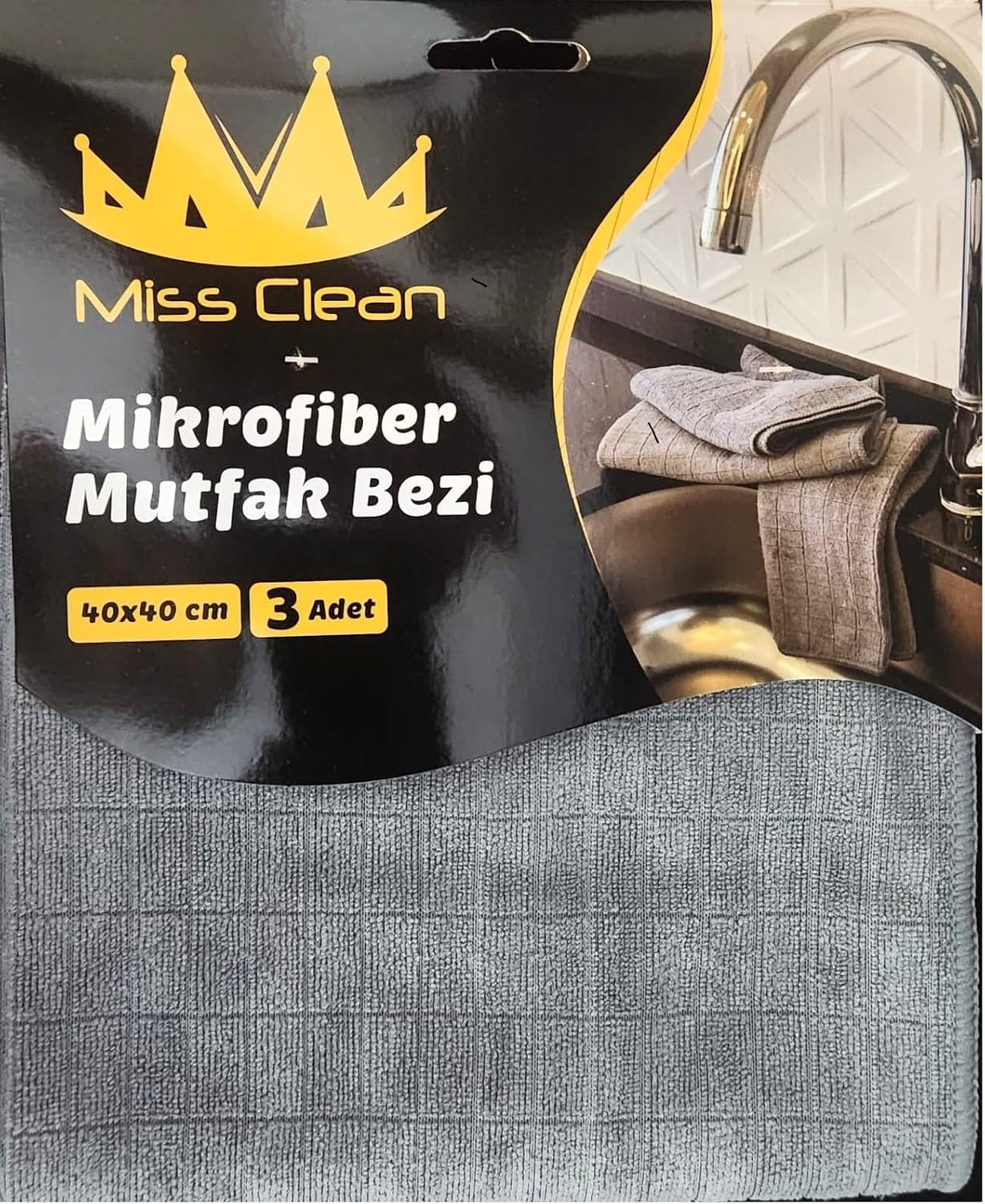 Miss Clean Mikrofiber Mutfak Temizlik Bezi 40 * 40 Cm Leke Tutmaz Koku Yapmaz 3 Adet gri