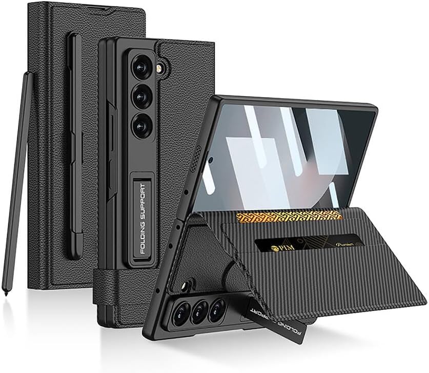 Samsung Galaxy Z Fold 6 ile Uyumlu Kılıfı Kartlıklı Kamera Lens Korumalı Suni Deri Tasarımlı Kalem Bölmeli Standlı İnce Kapak Kıpta Siyah