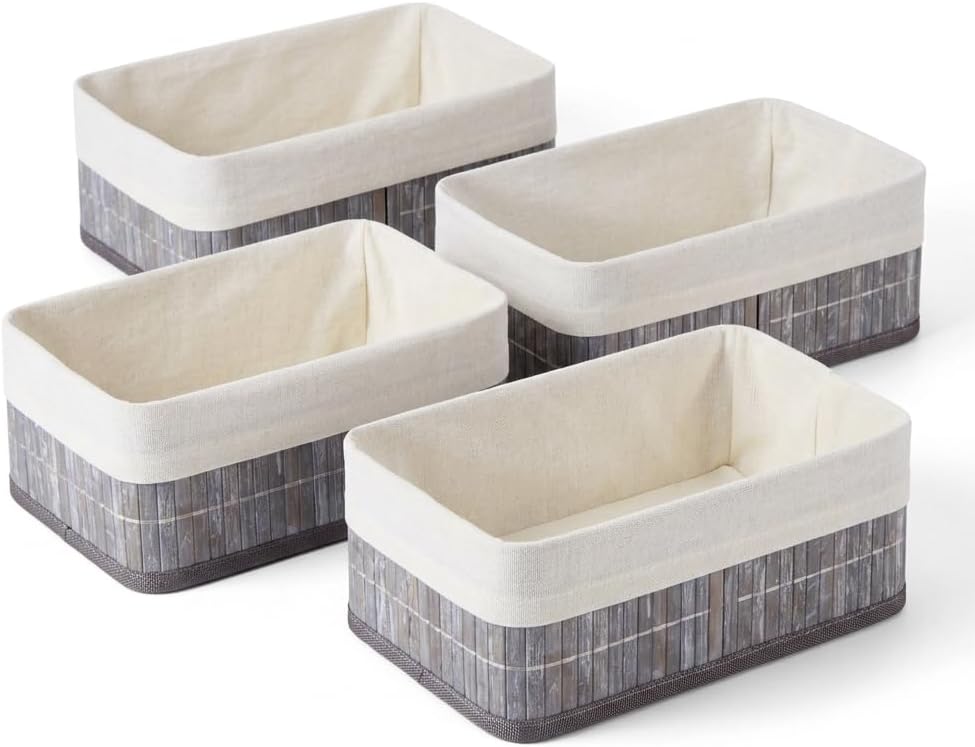 Bambu Detaylı Çok Amaçlı Saklama Kutusu – 25x15x8 cm Dekoratif Kumaş Organizer | Mutfak, Banyo, Dolap İçi ve Raf Düzenleyici | Çekmece İçi Derin Organizer Kutu Gri (4 ADET)