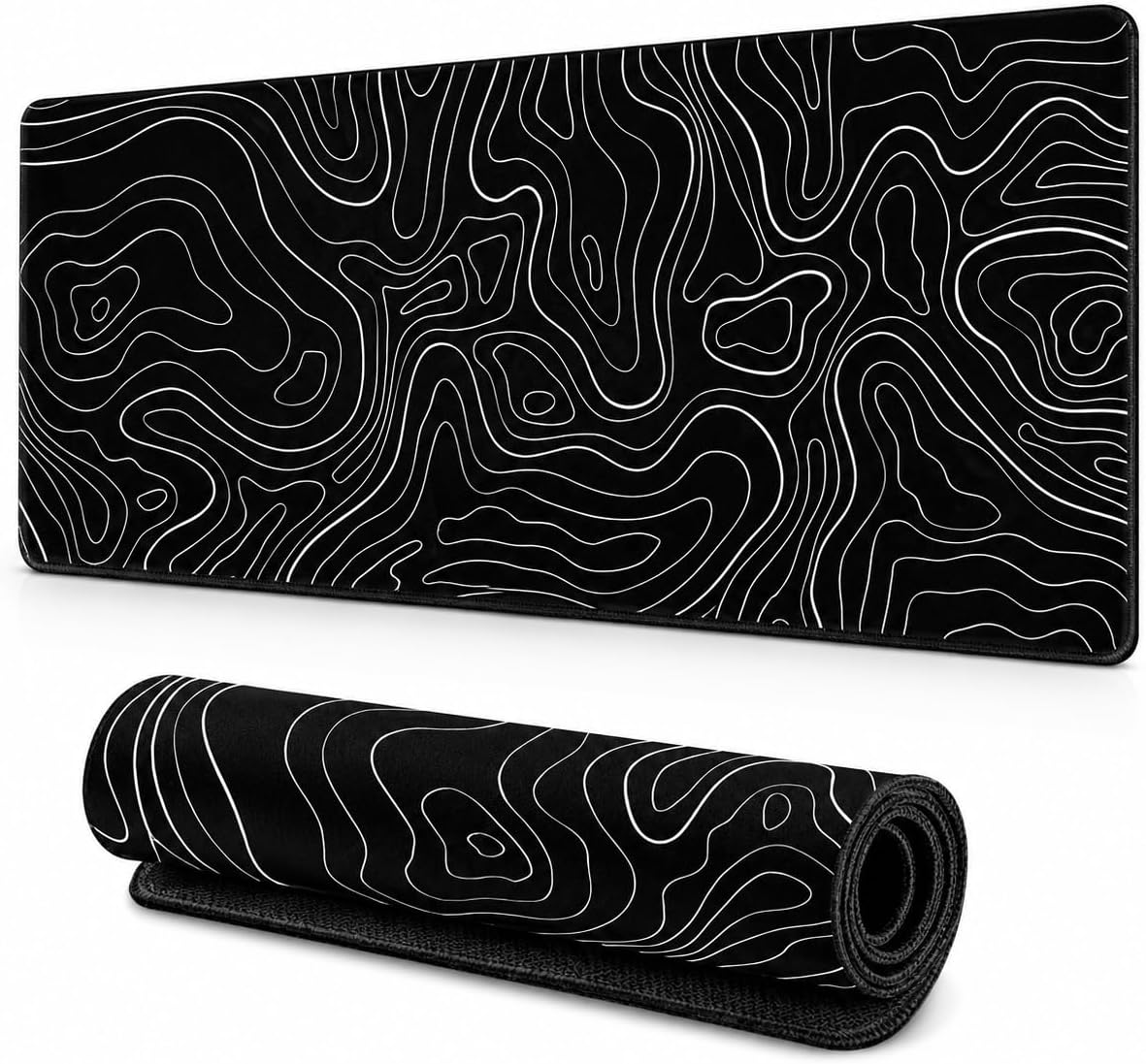 90x40 cm Mouse Pad, Beyaz Topografik Kontur Desenli Büyük Mouse Pad, Kaymaz Kauçuk Tabanlı, Dikişli Kenarlı 3 mm Klavye ve Mouse Altlığı, Minimal Desk Mat