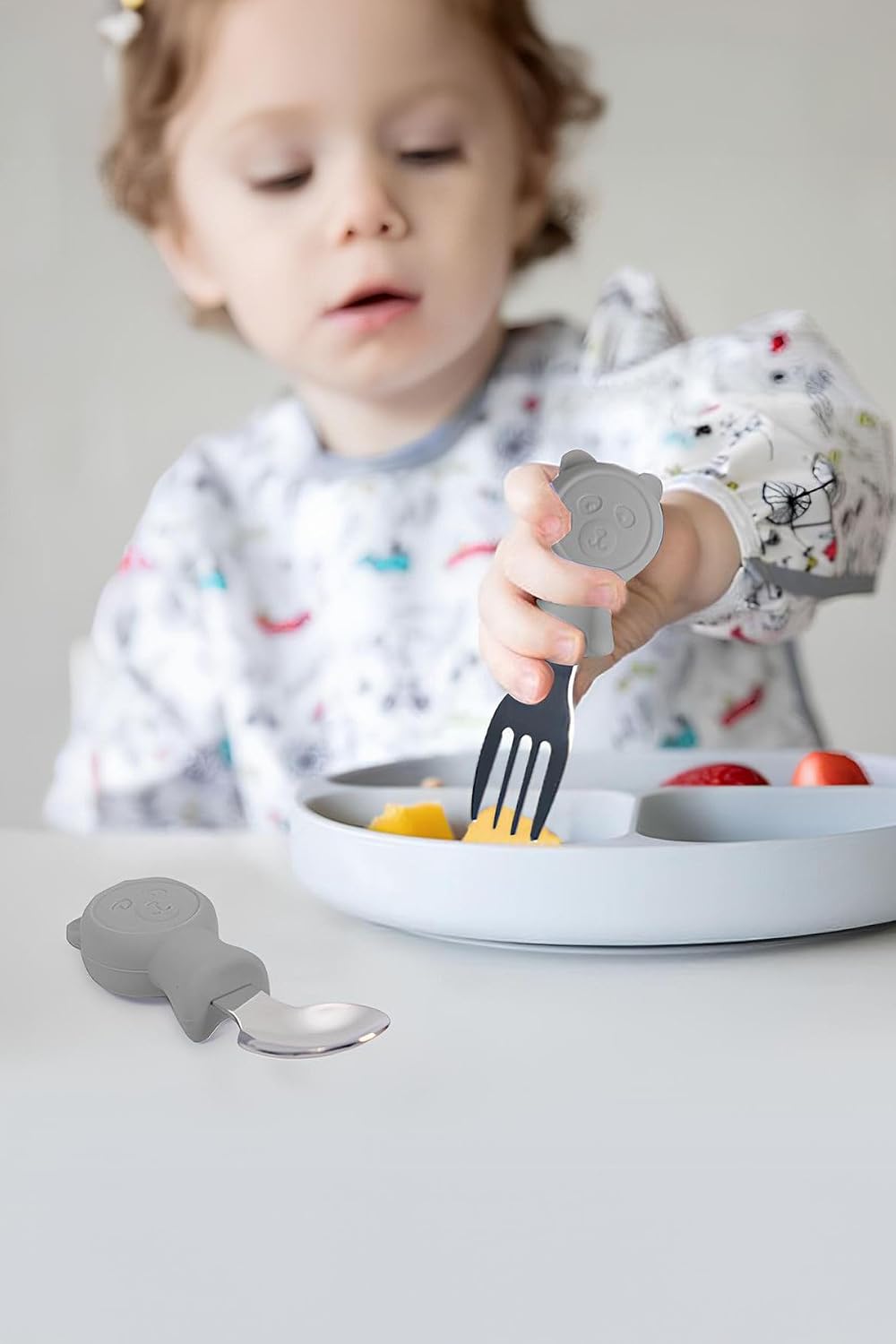 304 Çelik Gri Bebek Ayıcık Model Çocuk Kaşık ve Çatal Set cin766gr