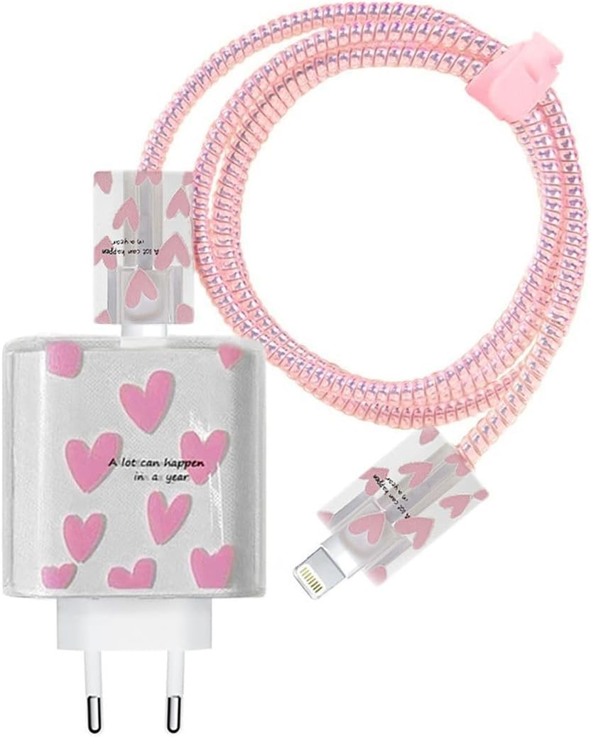 iPhone Şarj Aleti Koruyucu Kılıf Seti, 18w/20w Uyumlu Pembe Love Şarj Aleti Kılıfı, Kablo Koruyucu, Lightning Uç & Örgü Spiral Kılıf