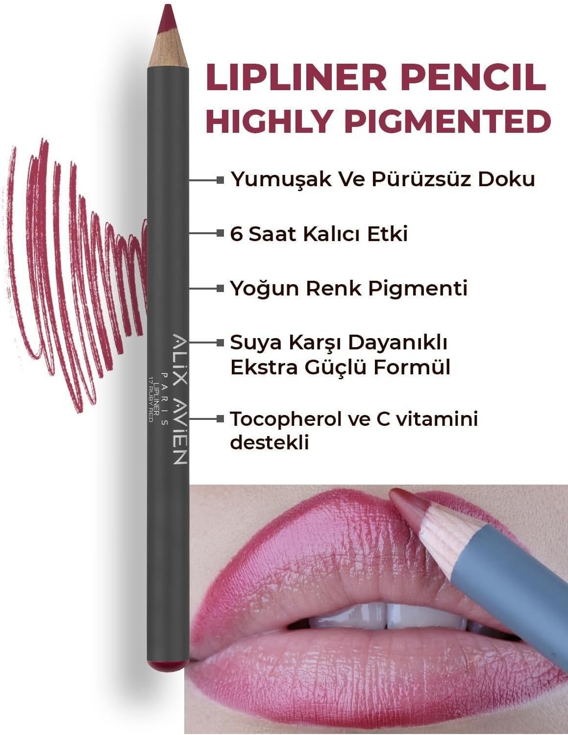 Uzun Süre Kalıcı Dağılma Yapmayan Nemlendirici Dudak Kalemi - Lipliner Pencil 17 Ruby Red