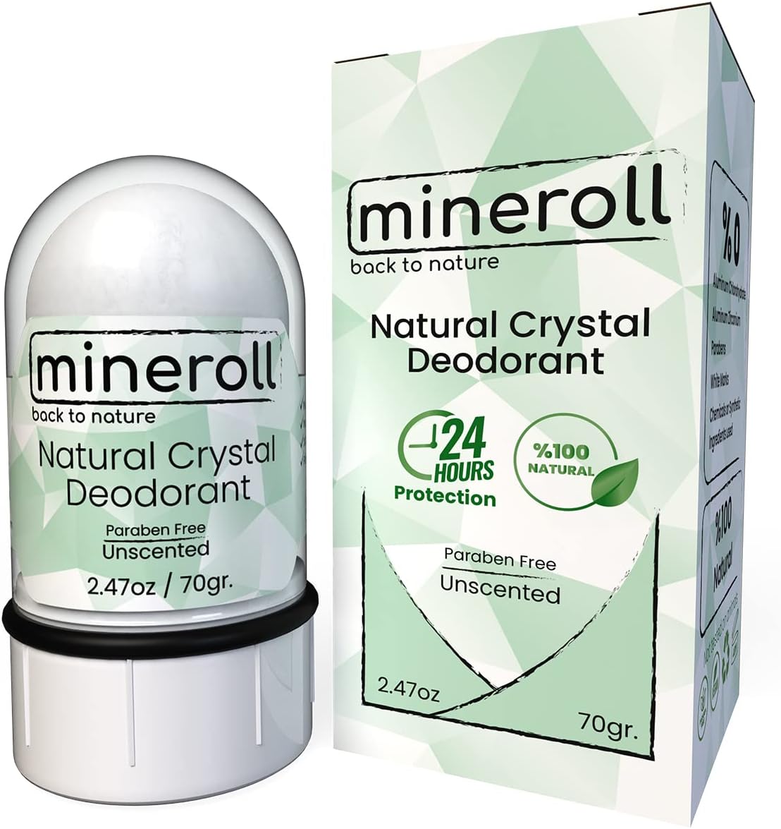Doğal Kristal Deodorant - Vegan, Kokusuz, 24 Saat Koruma, Kadın ve Erkeler İçin - Alum Taş, Mineral Tuz, Roll-on, 70 gr