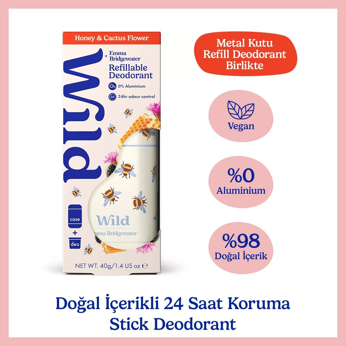 %98 Sekiz Natural Stick Deodorant Kutu ve Refill Paketi Honey Bee ve Honey & Cactus Flower 40 g