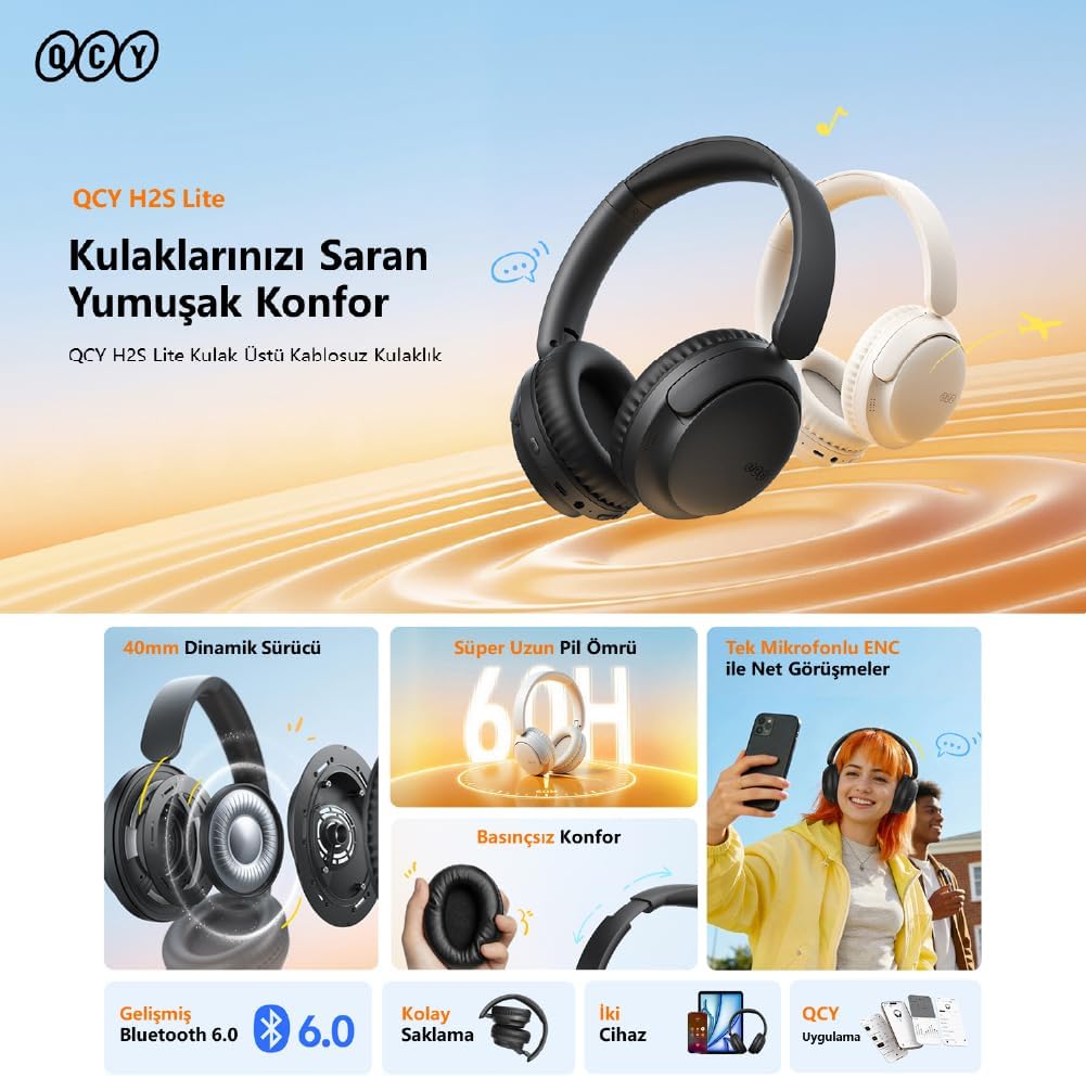 H2s Lite 6.0 Bluetooth Kulaklık ENC Net Çağrı - Çift Cihaz 40 mm Dinamik Sürücü - 60 Saat Dinle (Siyah)