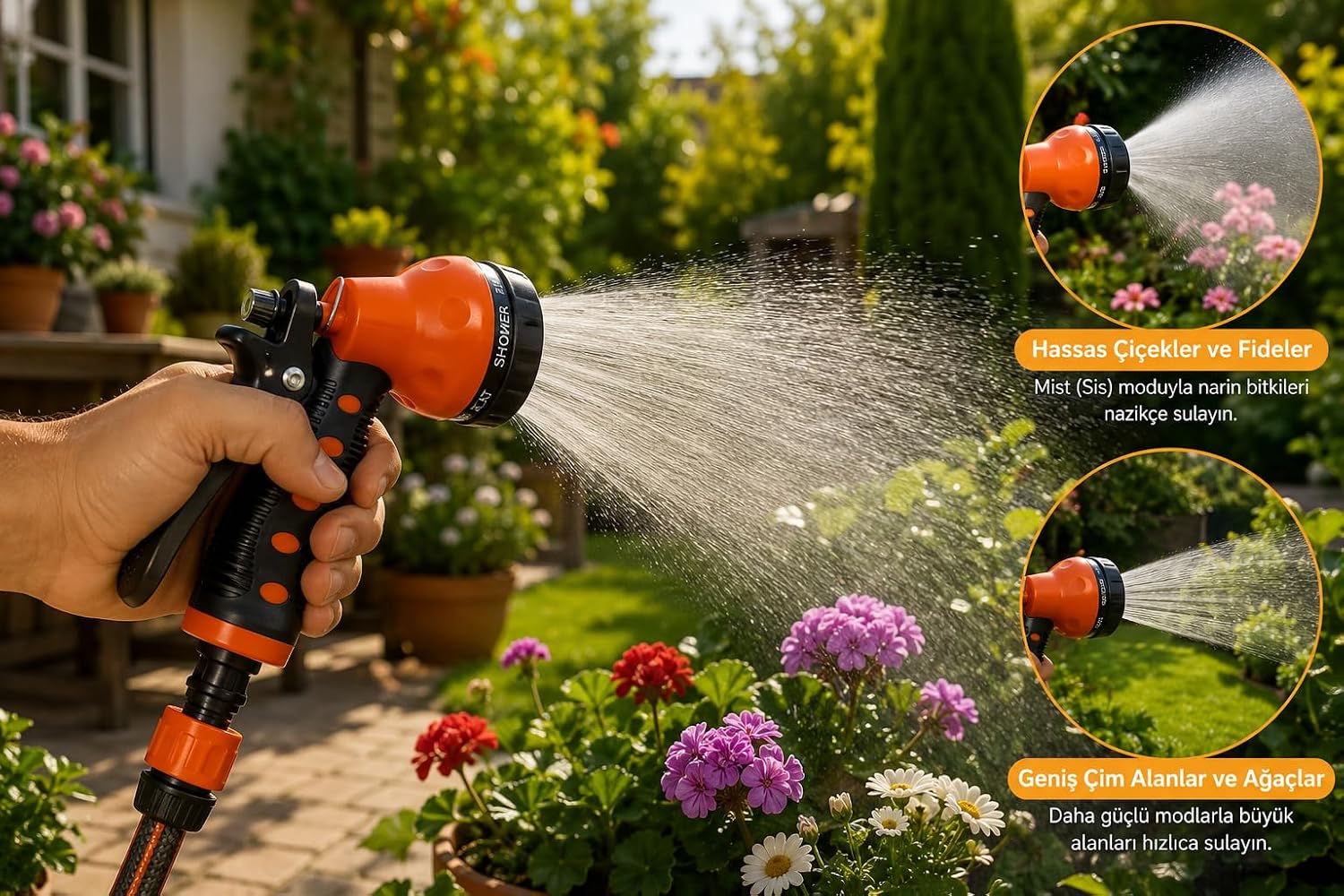 8 Fonksiyonlu Sulama Tabancası Seti – Bahçe Sulama ve Araç Yıkama İçin Hortum Başlığı, 3 Bağlantı Aparatı Dahil, Ergonomik Tetikli