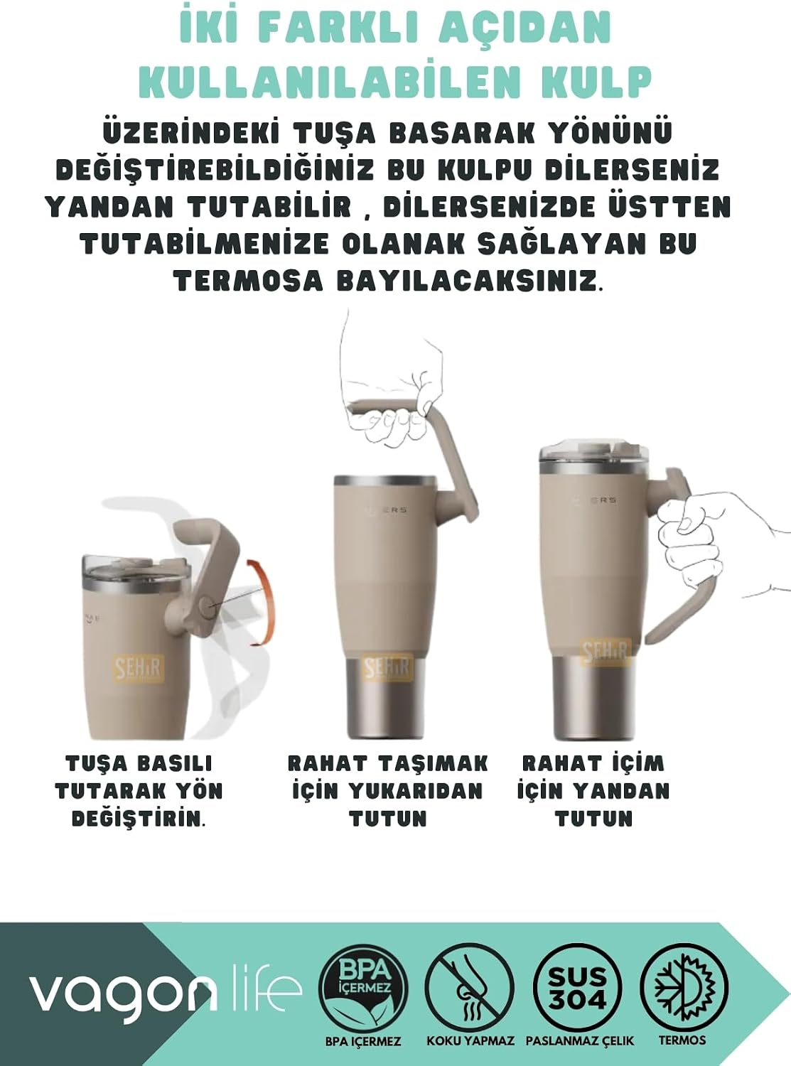 Vagonlife Tumbler 950ml Pipetli/Pipetsiz Kullanım Fonksiyonel Kulplu Paslanmaz Çelik Termos (Açık Mavi)
