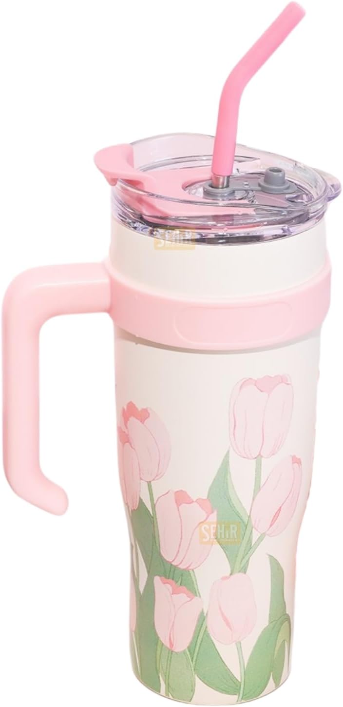 Diller 1200ml Pembe Lale Desenli Tumbler Pipetli/Pipetsiz Kulplu Paslanmaz Çelik Termos