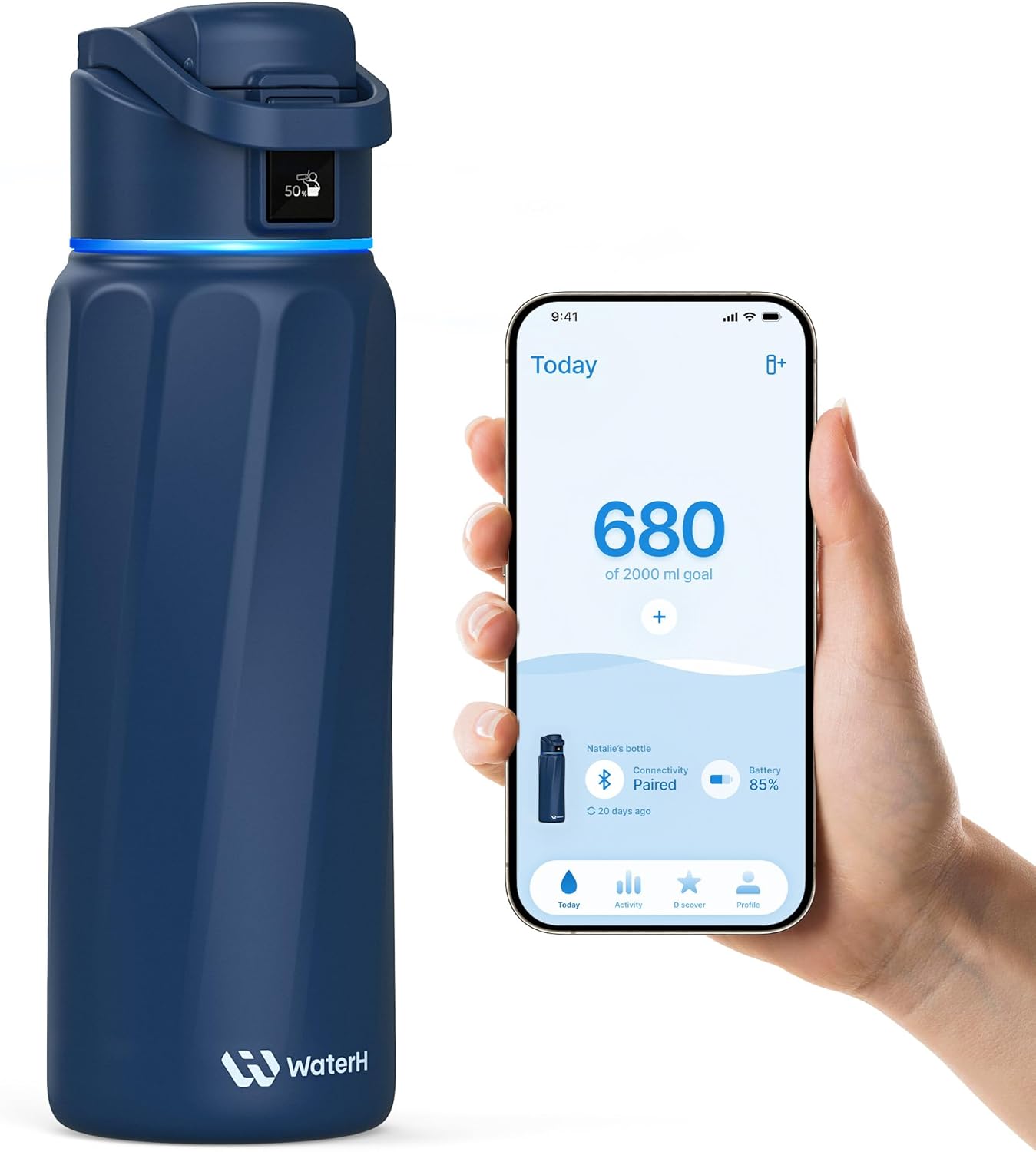 Boost Yalıtımlı Paslanmaz Çelik Akıllı Su Şişesi, 32 oz Bluetooth Akıllı İzleyici ve İçki Hatırlatma (Mavi)