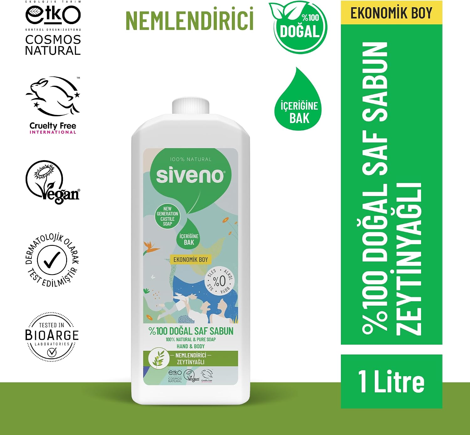 %100 Doğal Sıvı Kastil Sabun Zeytinyağlı Yoğun Nemlendirici Arındırıcı Bitkisel Vegan 1000 ml