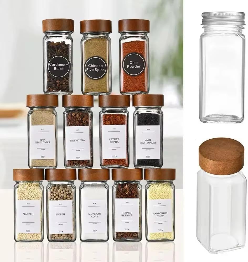 12'li Bambu ve Akasya Kapaklı Cam Baharatlık Seti 120 ml - Doğal Ahşap Kapaklı, Şeffaf Cam, Sağlıklı ve Şık Baharat Kavanozları (Akasya Kapak)