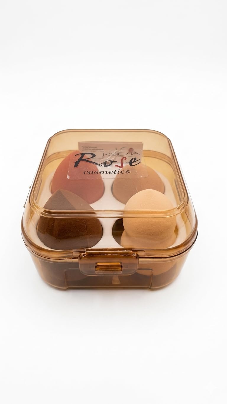 Roesa Rose Cosmetics 4'lü Makyaj Süngeri Seti - Profesyonel Fondöten ve Kapatıcı Uygulama Süngerleri - Islak ve Kuru Kullanım, Yumuşak Doku, Şeffaf Saklama Kutulu (Toprak Tonları)