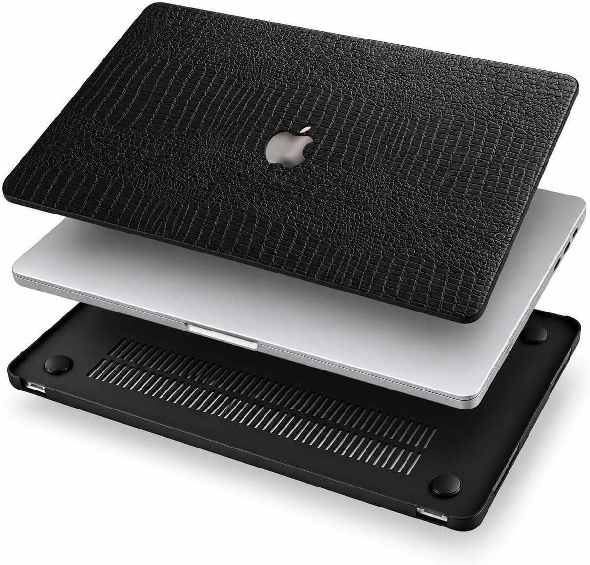 MacBook Pro 13 inç Kılıfı A1708 A1706 A1989 A2159 A2251 A2289 A2338 M1 M2 Uyumlu Sert Kapak Timsah Desenli Deri Dokulu 360° Koruma Siyah