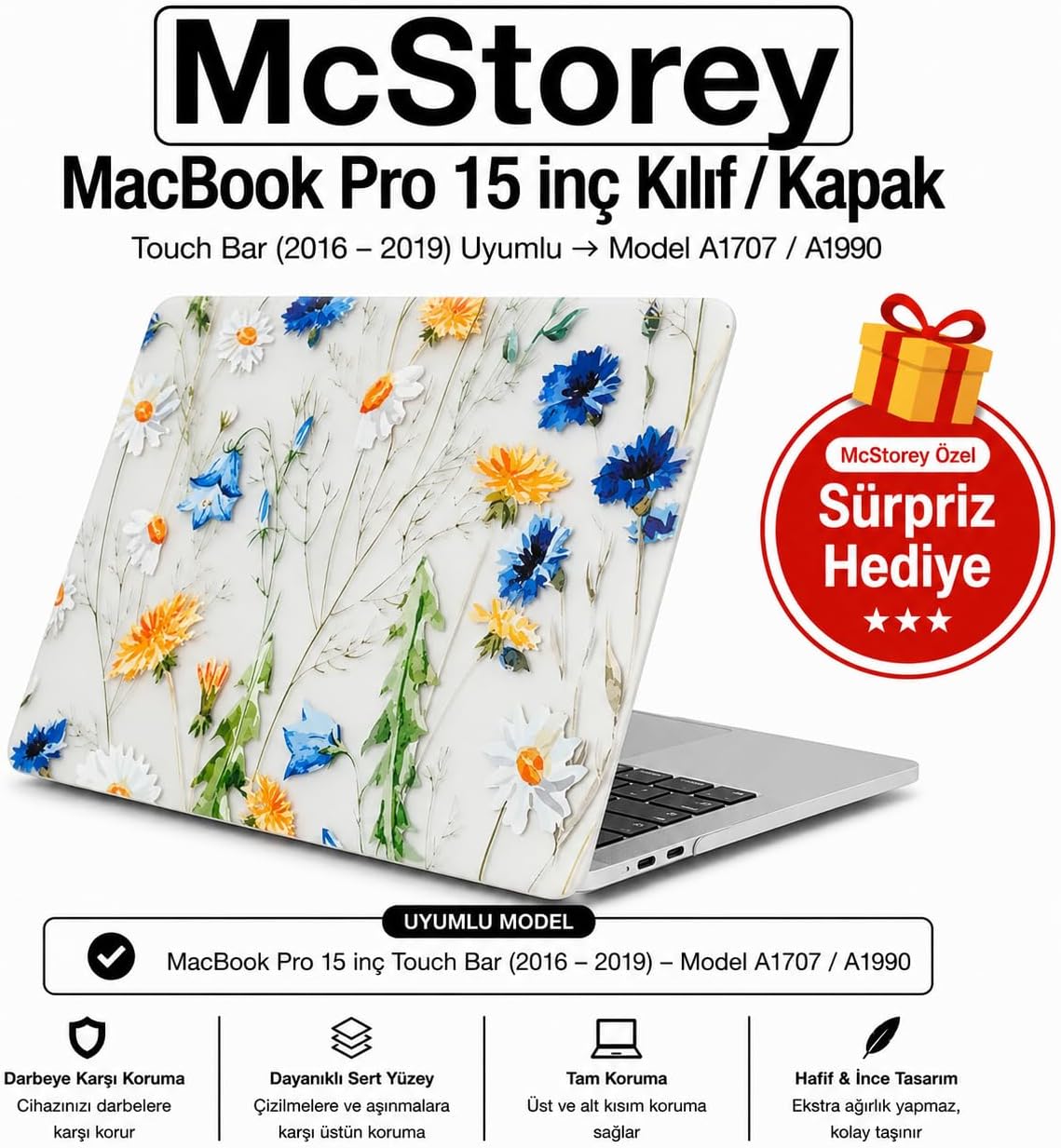 MacBook Pro 15 Çiçek Desenli Kılıf A1707 A1990 Uyumlu Baskılı Sert Kılıf İnce Hafif Koruyucu Kapak Sarı