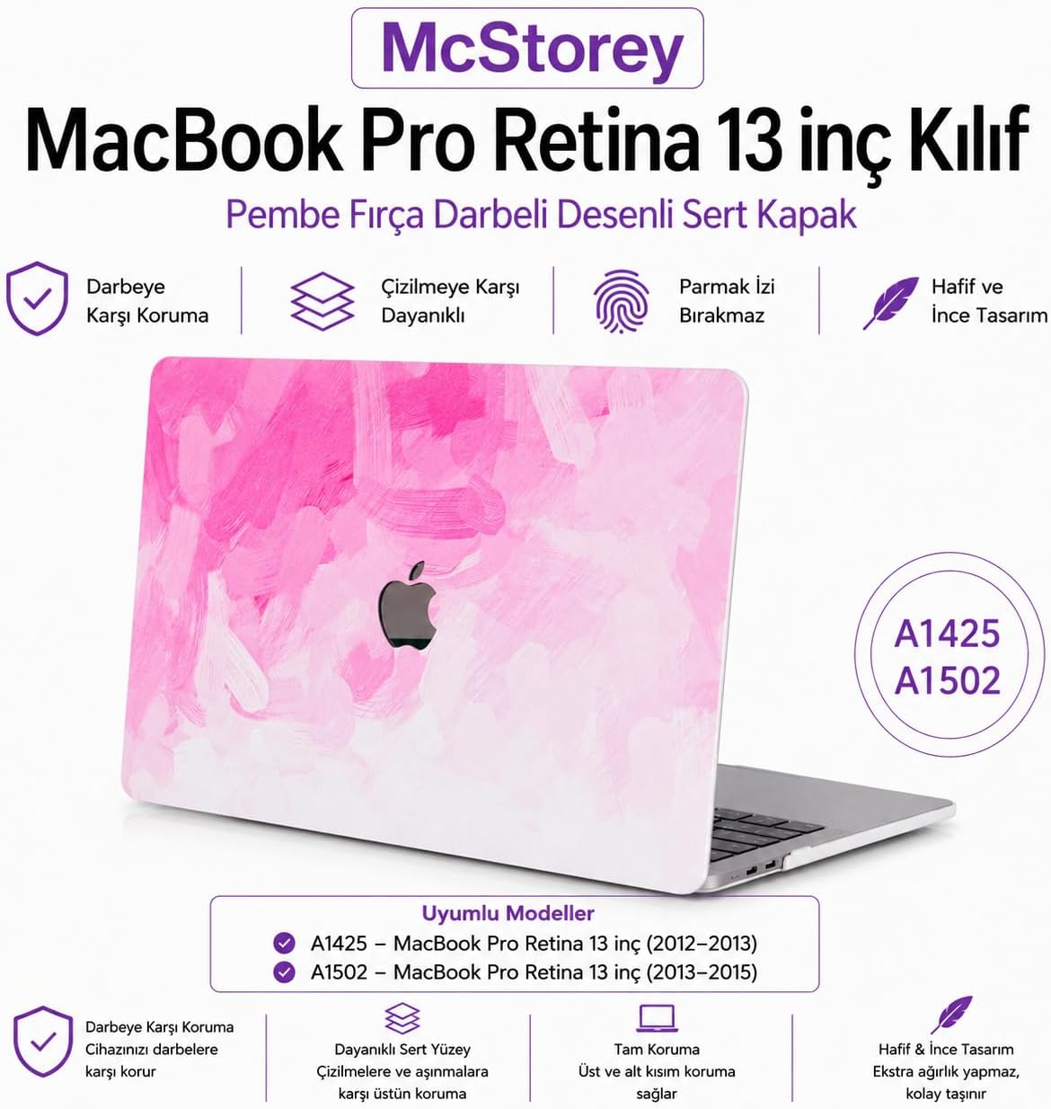 MacBook Pro 13 İnç Kılıf A1425 A1502 Uyumlu Sert Kapak Hard Case Koruyucu Retina 13 Laptop Kılıfı Soyut Fırça Desenli Çizilmeye Dayanıklı İnce Hafif Koruma Pembe