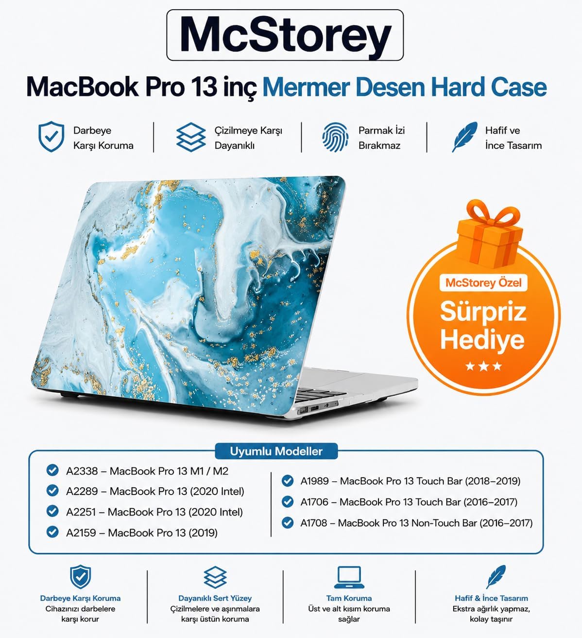 MacBook Pro 13 Mermer Desenli Kılıf A1706 A1708 A1989 A2159 A2251 A2289 A2338 M1 M2 Uyumlu İnce Hafif Sert Kapak Koruyucu Kılıf R-847