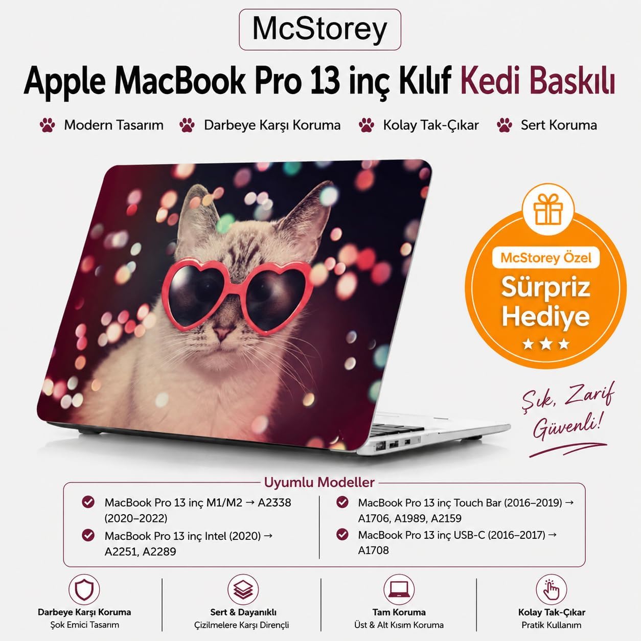 MacBook Pro 13 Kedi Desenli Kılıf A1706 A1708 A1989 A2159 A2251 A2289 A2338 M1 M2 Uyumlu TPU Sert Kılıf İnce Hafif Koruyucu Kapak Pembe