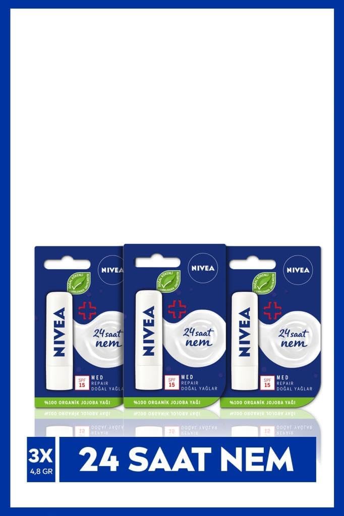 Med Repair Dudak Bakım Kremi 4,8gr x3 Adet,24 Saat Nem,Doğal Yağlar ile Çatlamış Dudak Bakım,SPF 15, Avantajlı Paket