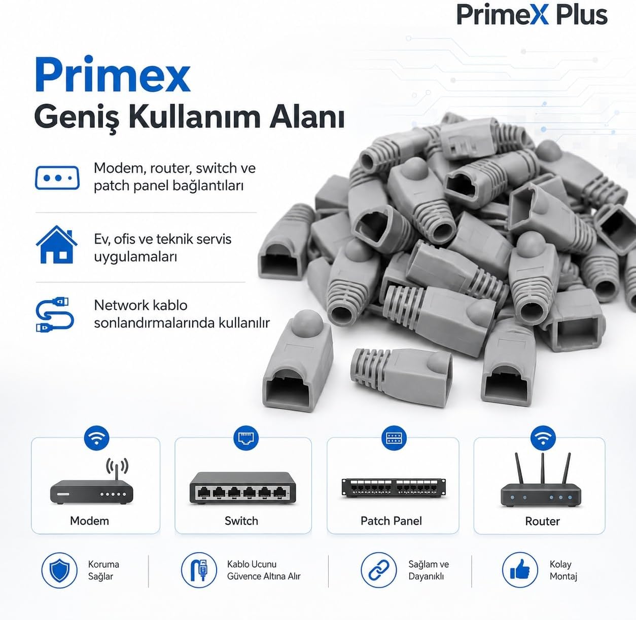 PrimeX PX-CAT6100 RJ45 Koruma Kılıfı 100 Adet, Cat5 Cat6 Ethernet Konnektör Boot Cover, LAN Ağ Kablosu Jack Koruyucu Papuç
