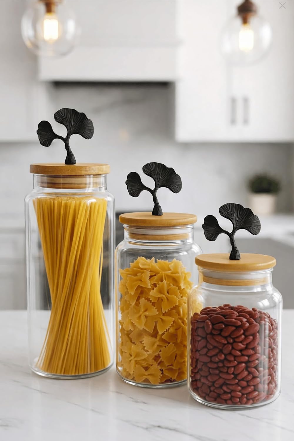 3'Lü Bambu Kapaklı Mat Siyah Ginkgo Figürlü Şeffaf Cam Kavanoz Cam Saklama Kabı 635/890/1400Ml