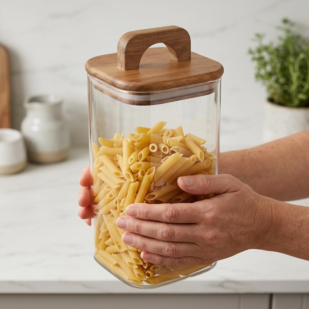 Akasya Kapaklı Kare Cam Kavanoz 1500 ml, 10 × 20 cm, Contalı Tutma Kulplu Şeffaf Erzak Kabı, Makarna Pirinç Bakliyat Yulaf Kuruyemiş ve Kuru Gıda Saklama Kavanozu