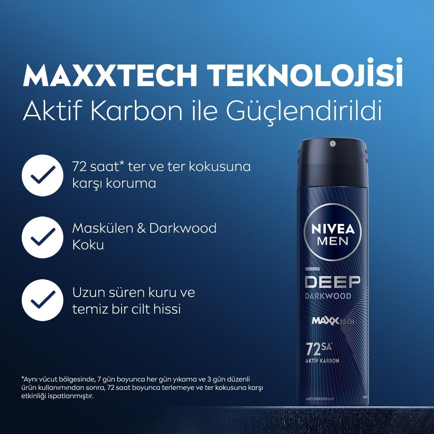 Erkek Sprey Deodorant Deep Darkwood 150ml, 72 Saat Anti-Perspirant Ter ve Ter Kokusuna Karşı Koruma, Maskülen Koku,Aktif Karbon