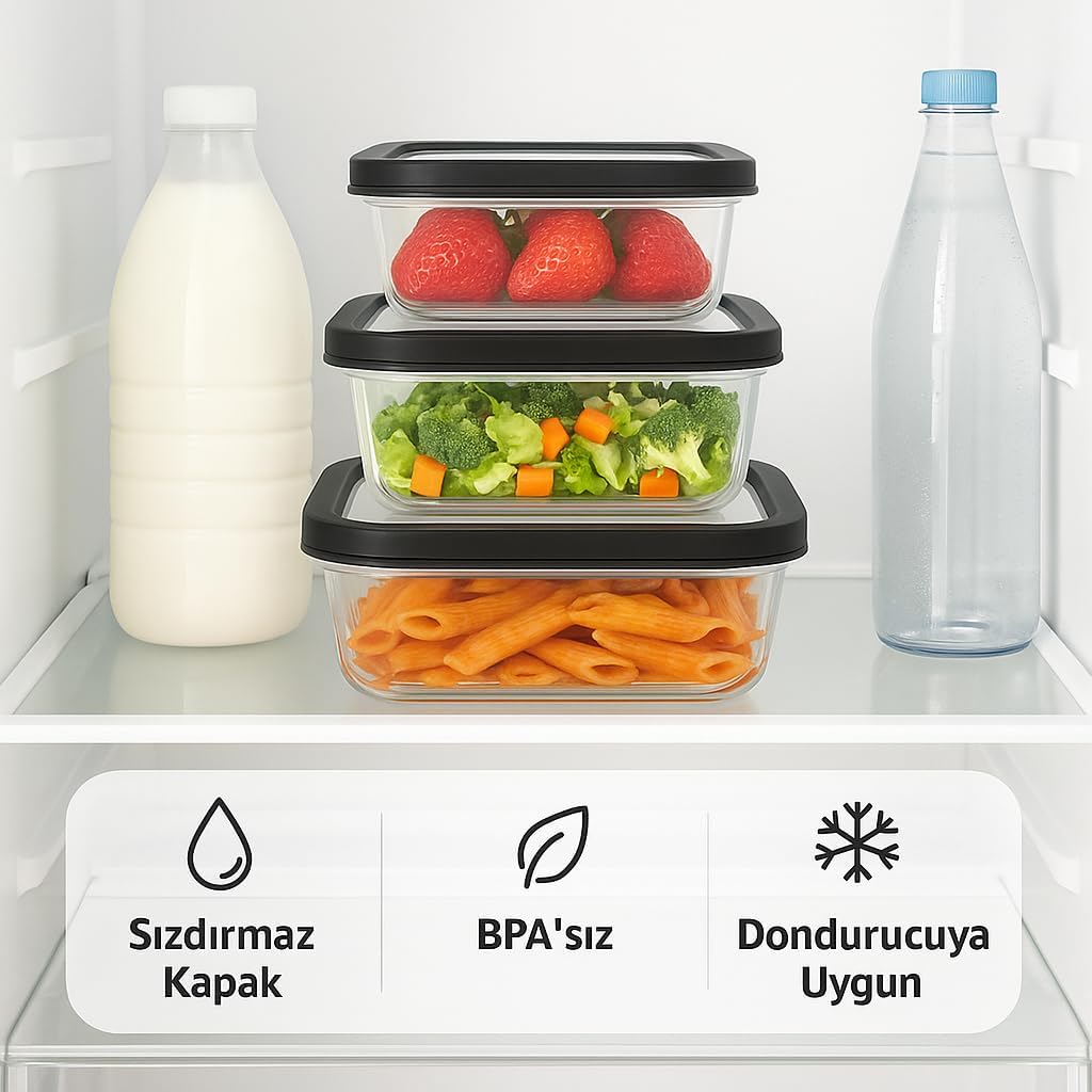 3’lü Sızdırmaz Saklama Kabı Seti (300ml + 600ml + 1200ml) | Şeffaf Plastik, Kapaklı, Buzdolabı, Yemek ve Mutfak Düzenleyici Saklama Kutusu