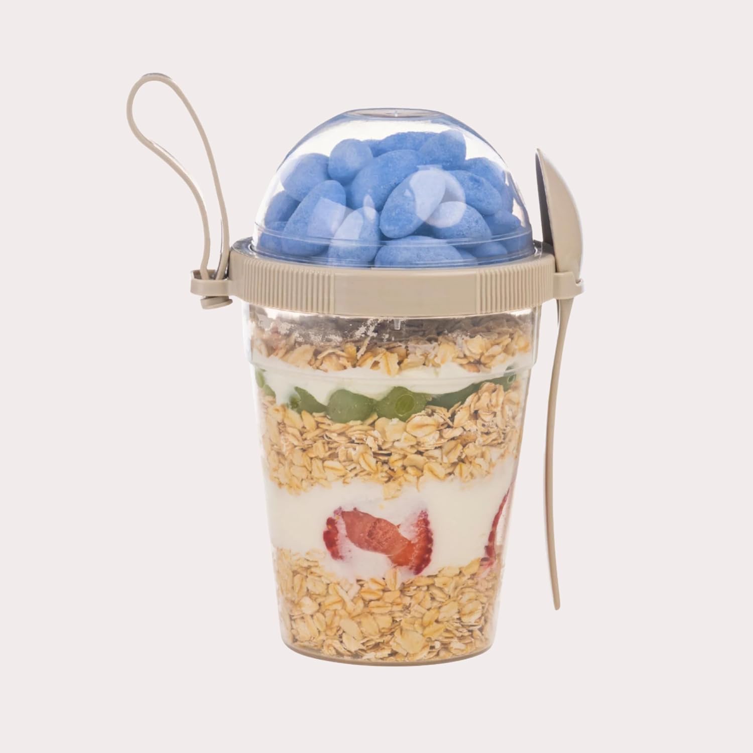 600 ml Grano Müsli Kabı Kaşıklı Hazneli Meyveli Yoğurt Kabı Piknik İş Atıştırmalık Gevrek Diyet Tutamaçlı Müsli Granola Süt Bardağı Gıda Saklama Kabı (1, Krem)