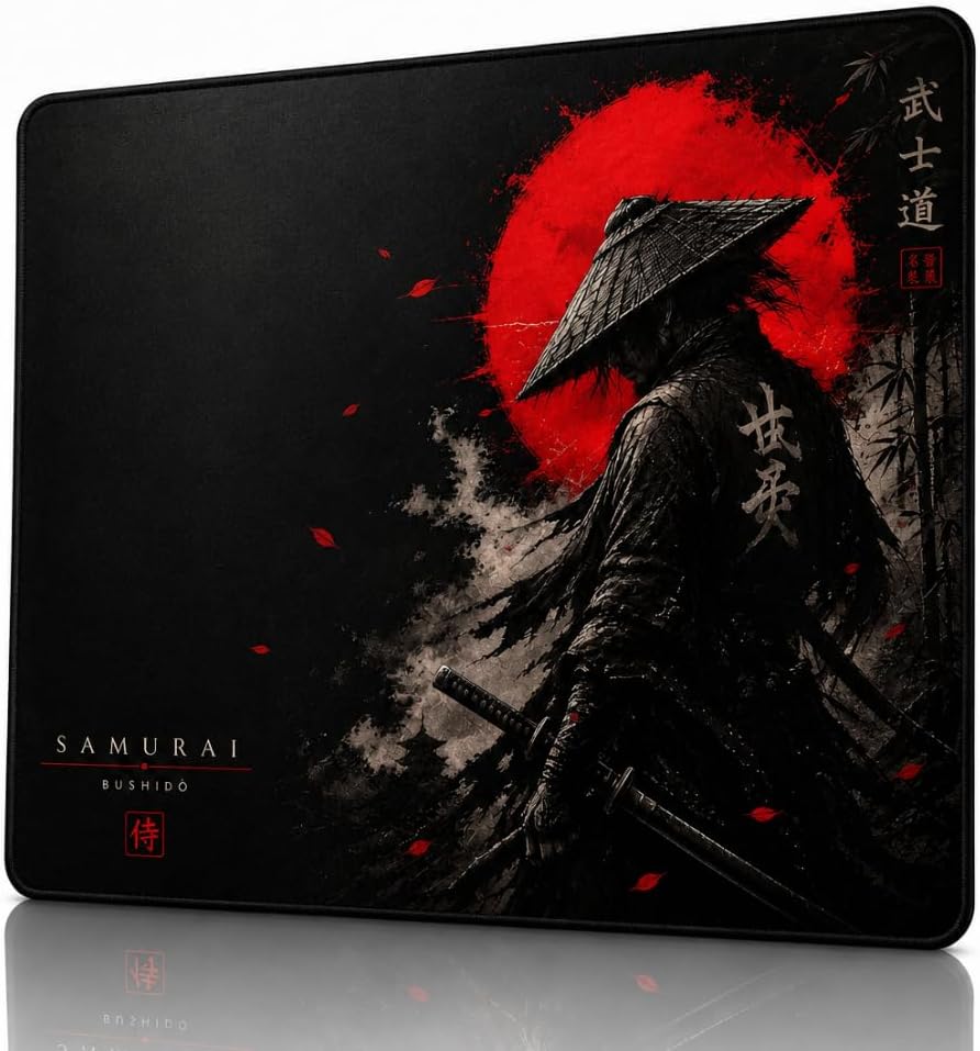 Baskılı Dijital Tasarımlı Oyuncu Mouse Pad, Kaymaz Taban, Dikişli Gaming Mouse Pad Samurai 50x40 Cm
