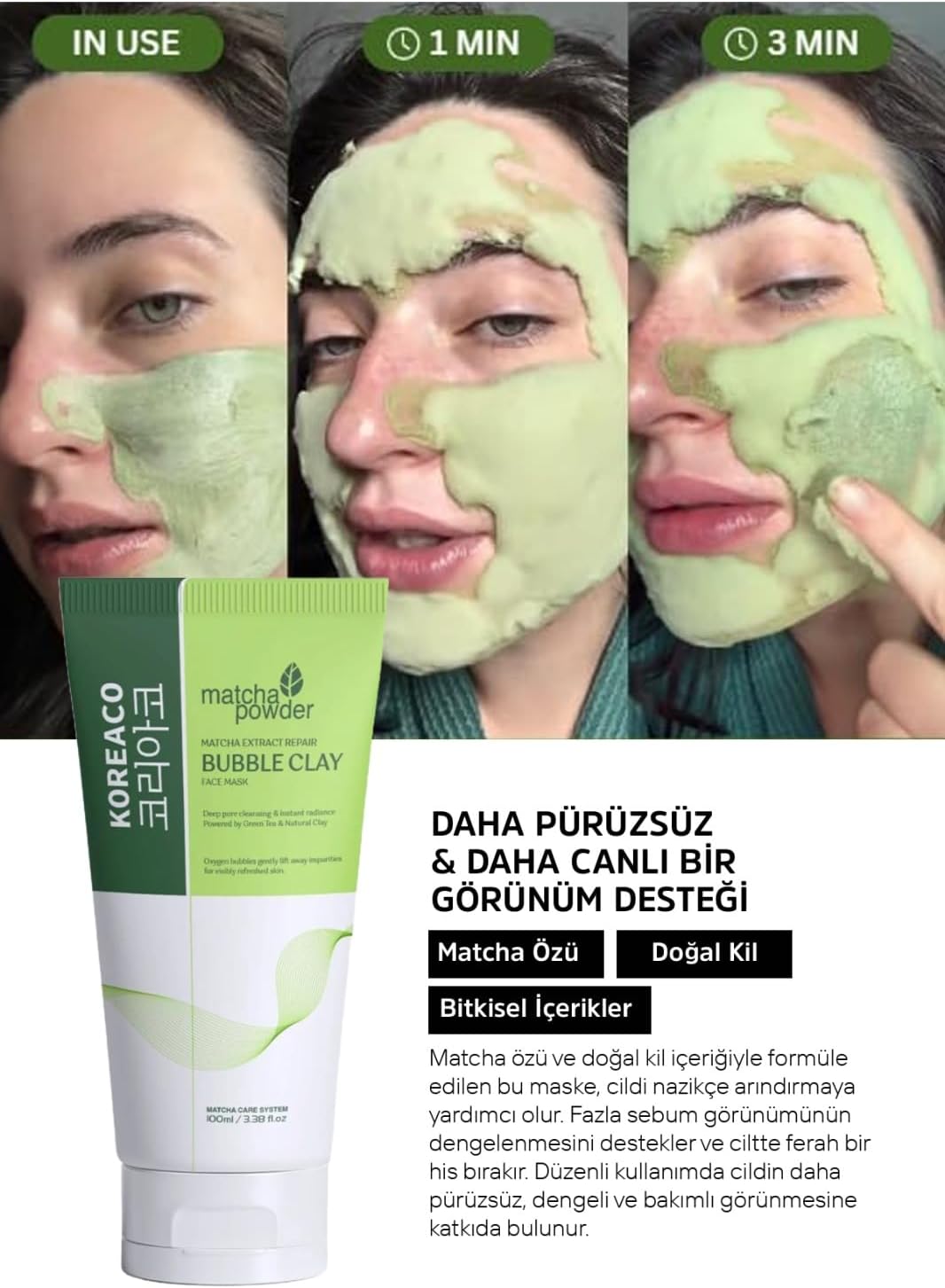 Matcha Mucize Bubble Clay Yüz Maskesi | Gözenek Temizleyici Yenileyici Köpüren Yüz Maskesi 100 ml